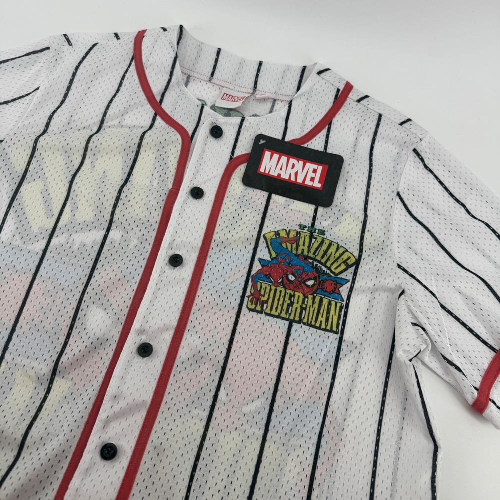 Marvel The Amazing Spider-Man Baseball Jersey White Pinstripe Mesh Large NEW